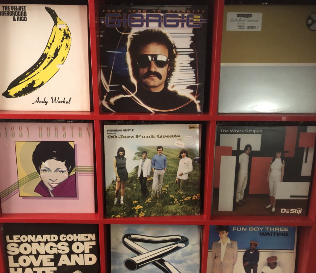 Record collection of Liz O. including Velvet Underground, Giorgio Moroder, Green Velvet, Cissy Houston, Throbbing Gristle, The White Stripes, Leonard Cohen, Mike Oldfield and Fun Boy Three