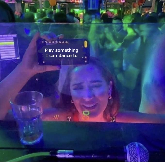 Play ABBA Meme that reads "Play something I can dance to"