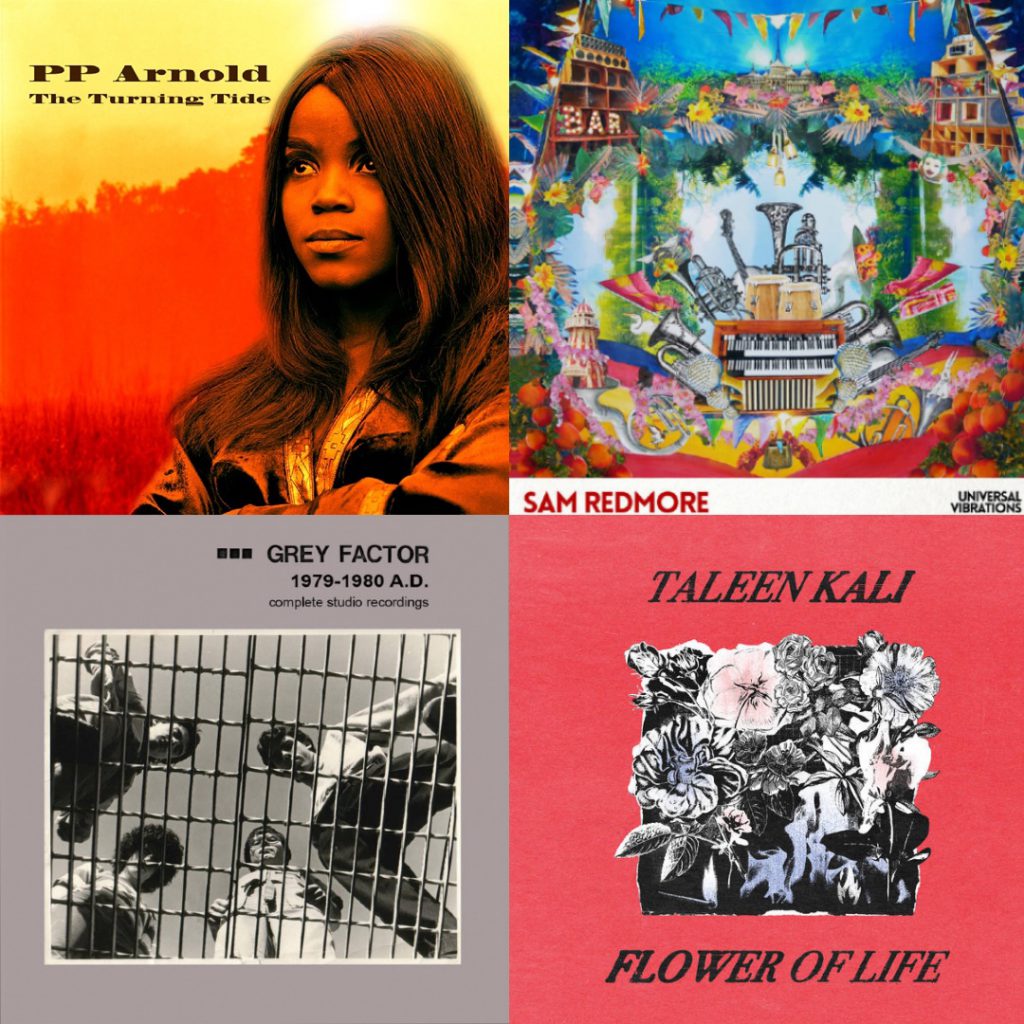 Album covers for PP Arnold The Turning Tide, Sam Redmore Universal Vibrations, Grey Factor 1979-1980 AD Complete Studio Recordings, Taleen Kali Flowers of Life 