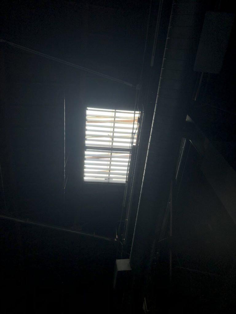 Carl Craig "Party/After Party" at MOCA Geffen Contemporary in Los Angeles where sunlight pours into a dark warehouse space via a skylight. Photo by Liz Ohanesian
