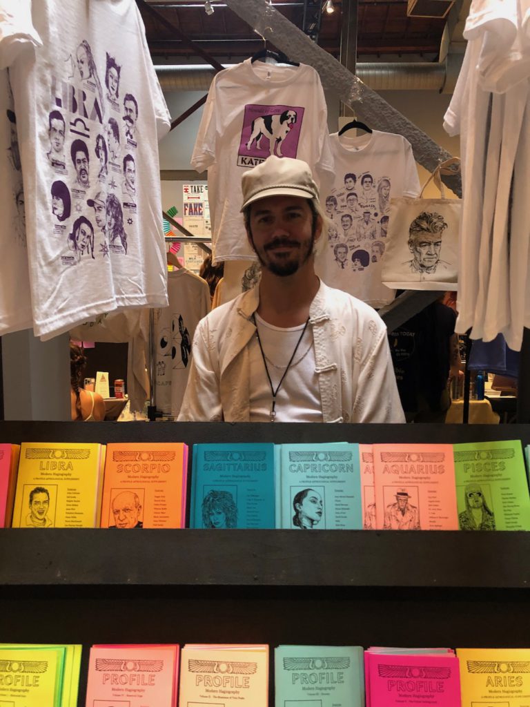 Adam Villacin with his zines at Printed Matter's L.A. Art Book Fair at Geffen Contemporary at MOCA on August 13, 2023, photo by Liz Ohanesian
