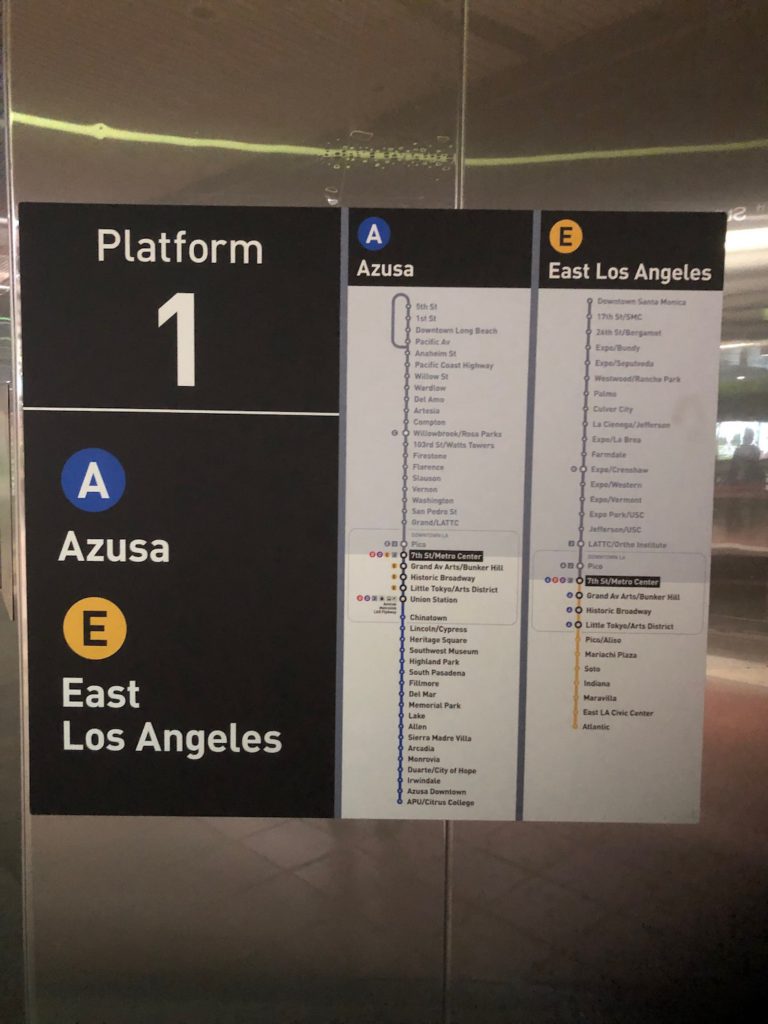 Metro A line to Azusa and E Line to East L.A. routes posted inside 7th Street/Metro Center Station. 