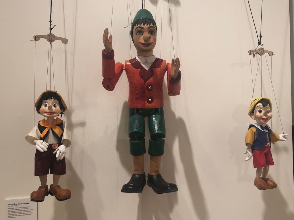 Three marionettes based on Pinocchio from "A Real Boy" exhibition at Italian American Museum of Los Angeles Photo by Liz Ohanesian