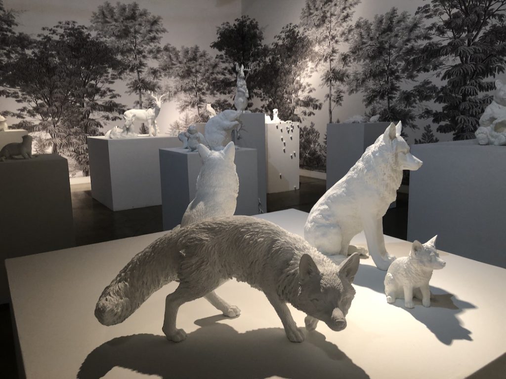 An installation of wild animal sculptures by Camilla d'Errico for "Nurtured by Nature" at Corey Helford Gallery in Los Angeles, September 2023. (Photo: Liz Ohanesian)