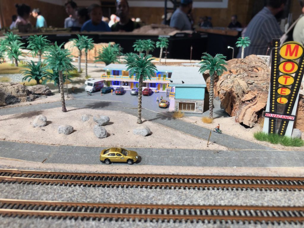Model of a desert motel from a large model train set displayed at Union Station Train Festival 2023 (Photo: Liz Ohanesian)