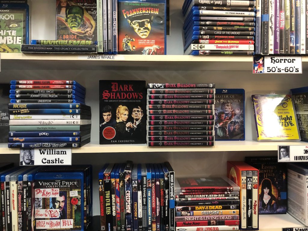 Vidéothèque video store in Highland Park, Los Angeles. Photo of horror movie video rental section including Dark Shadows, Vincent Price movies. (Photo: Liz Ohanesian)