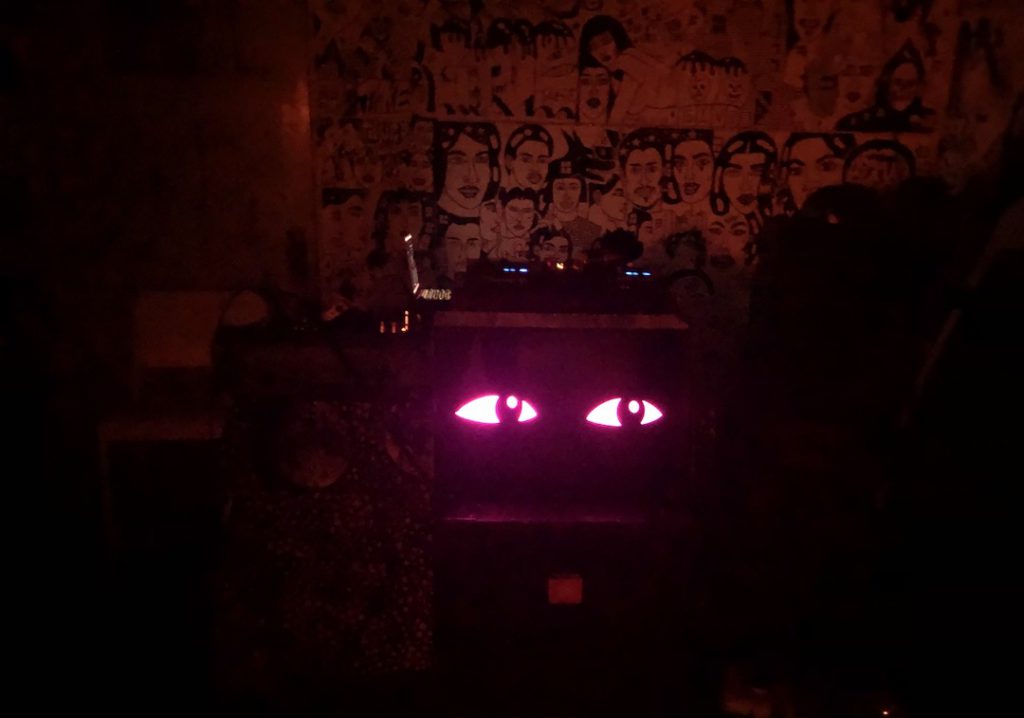 DJ booth at Albert Reyes' haunted house in Los Angeles on October 28, 2023. Photo: Liz Ohanesian