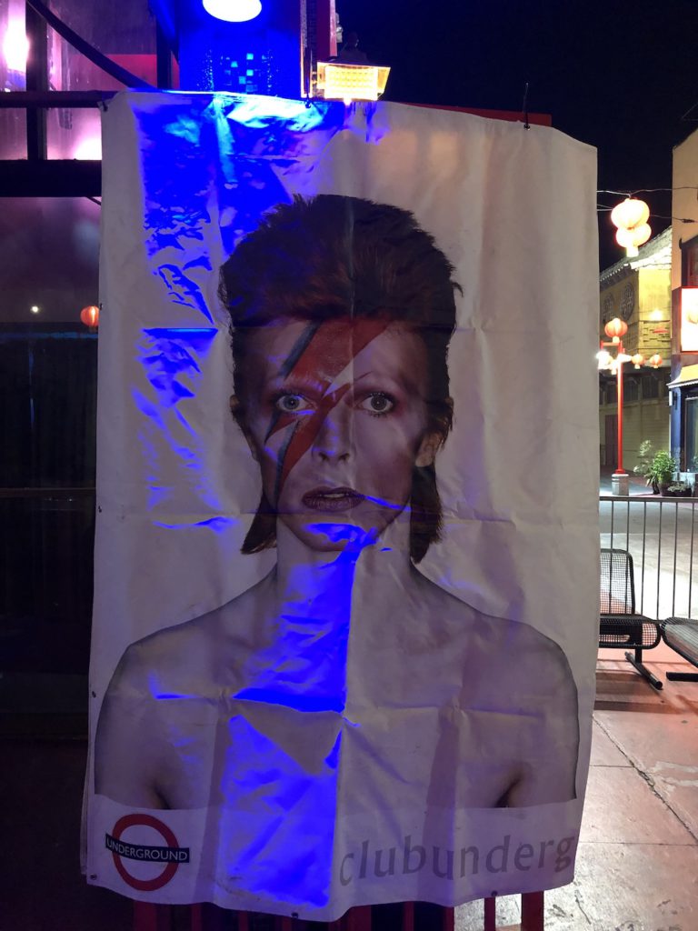 Photo of large Alladin Sane David Bowie banner outside of Grand Star Jazz Club in Los Angeles for Club Underground Bowie Nite on January 12, 2024 (Photo: Liz Ohanesian)