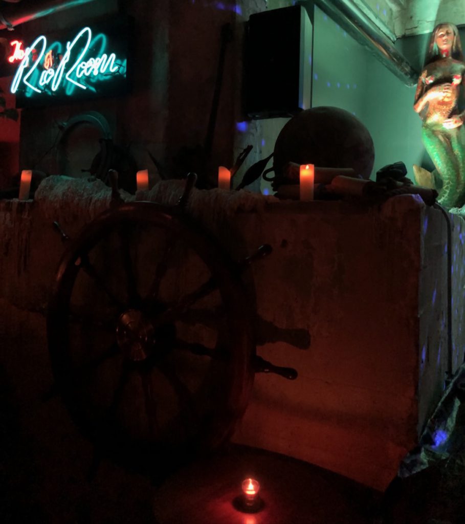 Rio Room at Stowaway in downtown Los Angeles on February 23, 2024 for Club Synth with DJ Drayk DJ Liz O. DJ Jen Rock
Image: Rio Room neon sign and mermaid statue in background. 