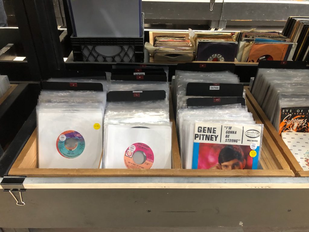 A bin of vintage 45 vinyl with a Gene Pitney single in front at Penny Lane Records in Upland, California (Photo: Liz Ohanesian)