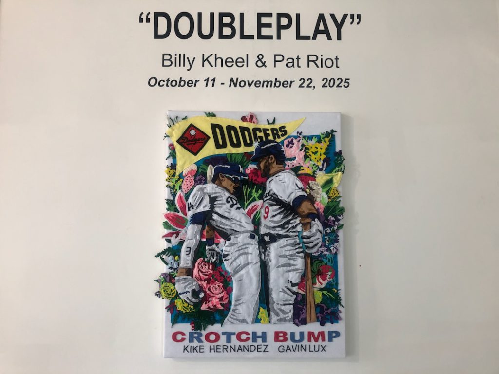 Kiké Hernandez and Gavin Lux crotch bump in 2024 depicted on a felt tapestry by artist Billy Kheel at Eastern Projects in Los Angeles (Photo: Liz Ohanesian)