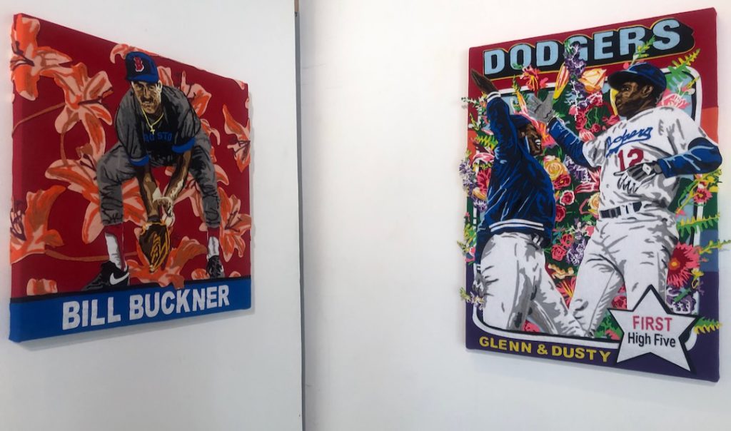 On the left, Orange Lillies with Buckner by Billy Kheel, on the right, The Invention of the High Five Dusty and & Glenn by Billy Kheel (Photo: Liz Ohanesian)