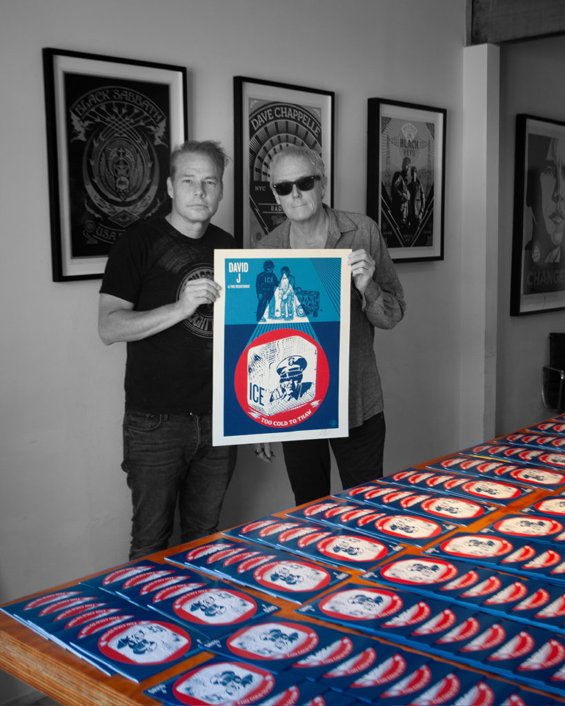 David J and Shepard Fairey "Ice Too Cold to Thaw" press photo by Angel Enciso. 