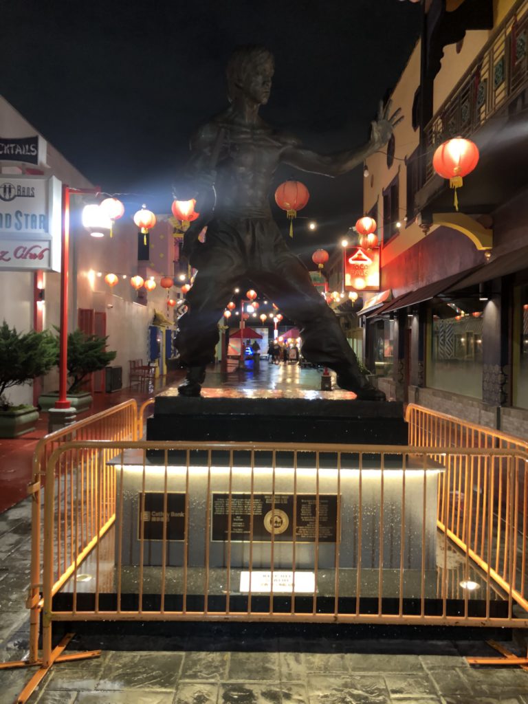 Bruce Lee statue in Los Angeles Chinatown Central Plaza after 2025 Christmas storm, December 26, 2025 (Photo: Liz Ohanesian)