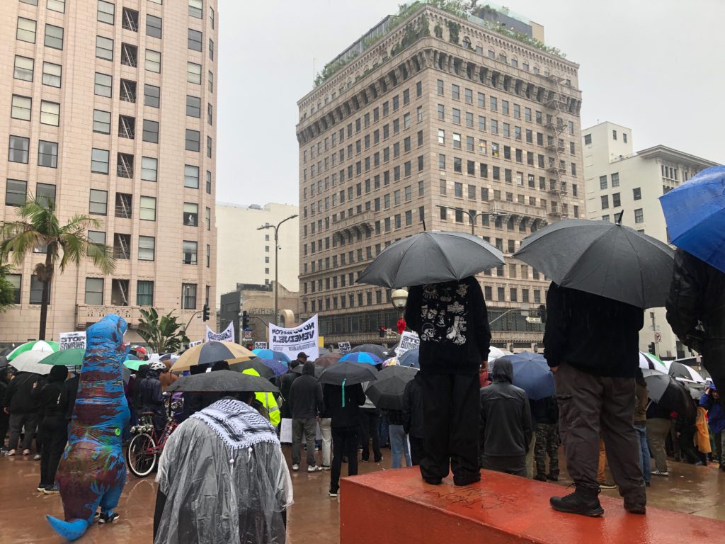 Protesting against war in Venezuela at Pershing Square Los Angeles, January 3, 2026 (Photo: Liz Ohanesian