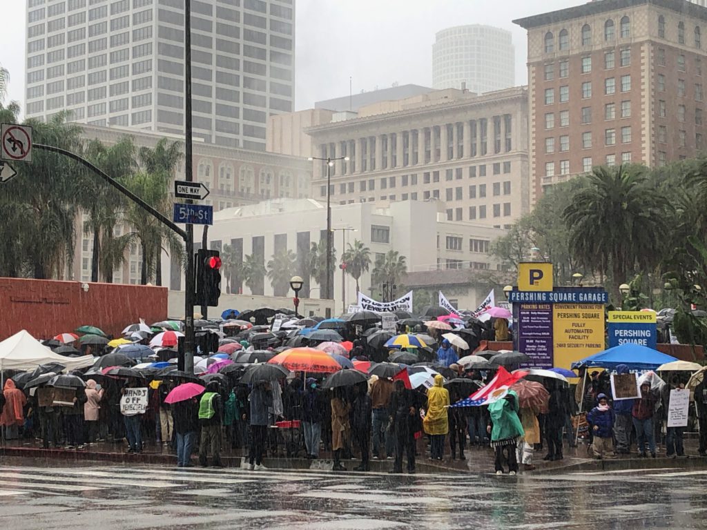 Protesting against war in Venezuela at Pershing Square Los Angeles, January 3, 2026 (Photo: Liz Ohanesian)