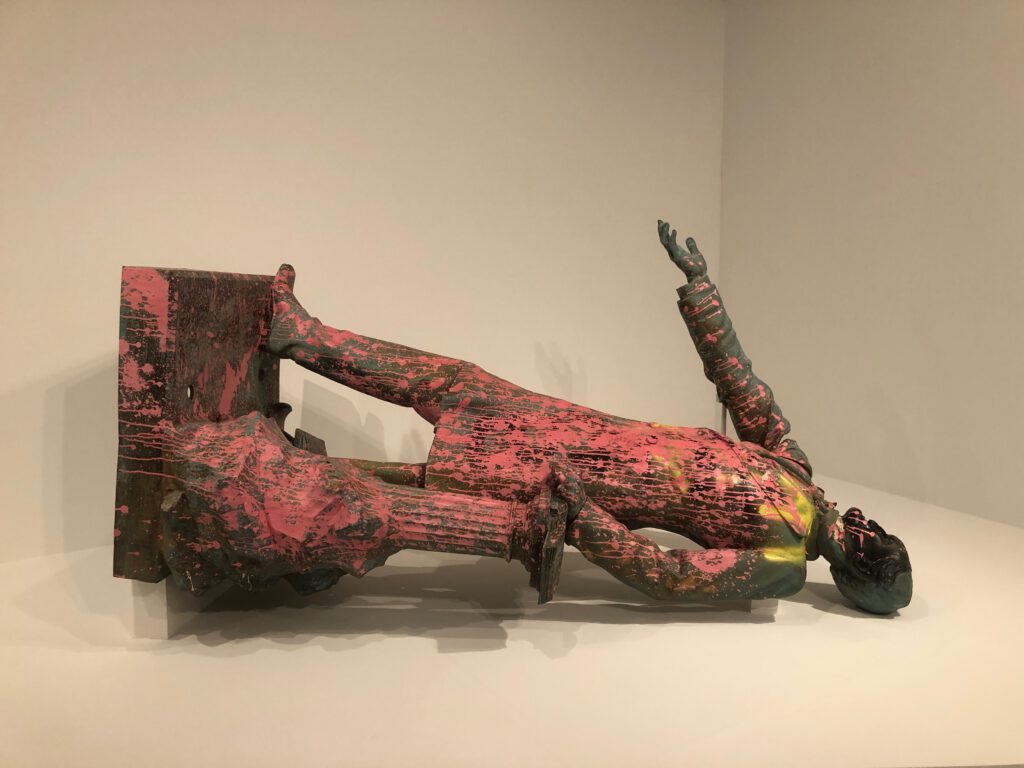 Toppled, paintbombed Jefferson Davis statue inside MOCA Geffen Contemporary for Monuments (Photo: Liz Ohanesian)