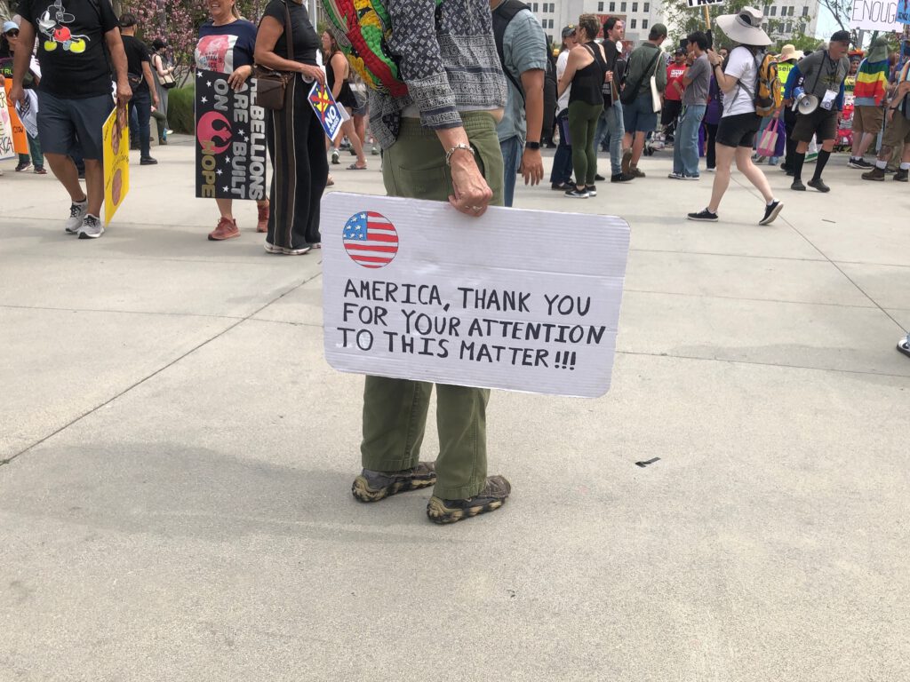 Protest sign that reads, "America thank you for your attention to this matter!!!" at No Kings protest in downtown Los Angeles on March 28, 2026 (Photo: Liz Ohanesian)