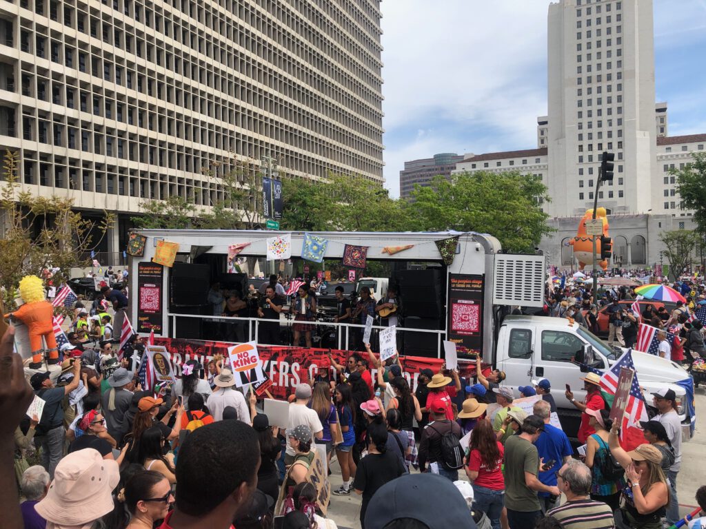 Los Jornaleros del Norte performing at the No Kings protest in downtown Los Angeles on Saturday, March 28, 2026 (Photo: Liz Ohanesian)