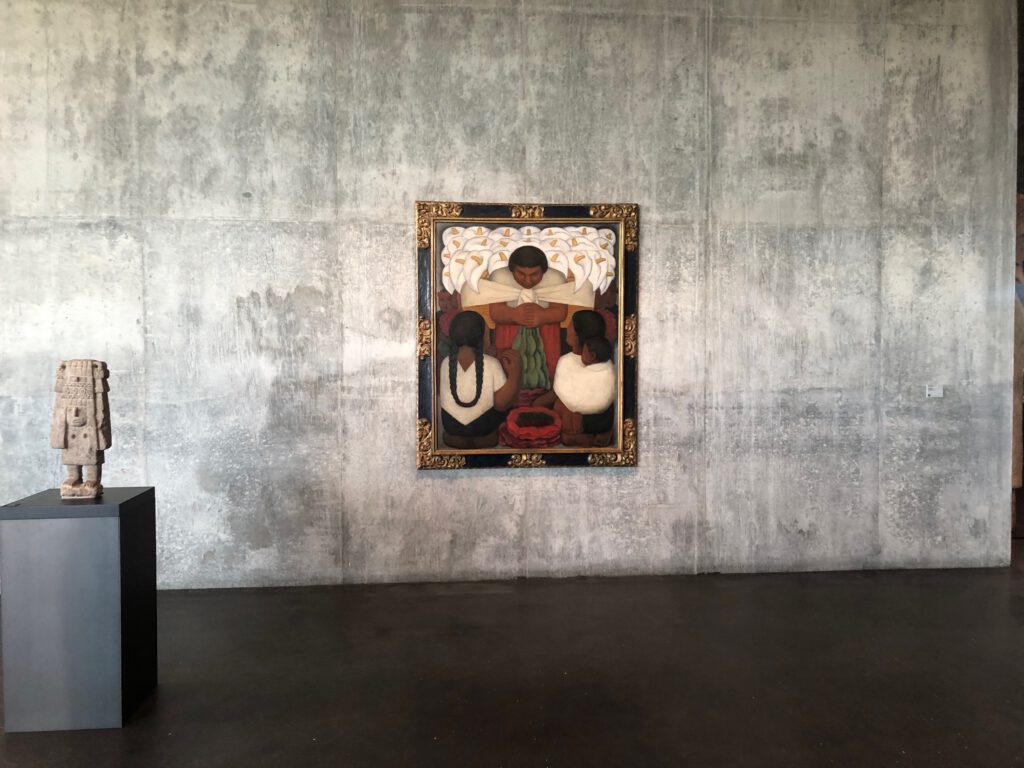 Flower Day by Diego Rivera and a sculpture of Chicomecoatl at LACMA David Geffen Galleries (Photo: Liz Ohanesian)