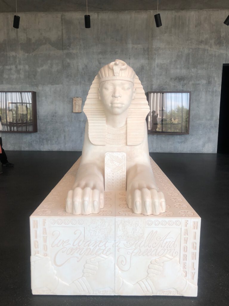 A sphinx-like sculpture from Lauren Halsey at LACMA's David Geffen Galleries (Photo: Liz Ohanesian)