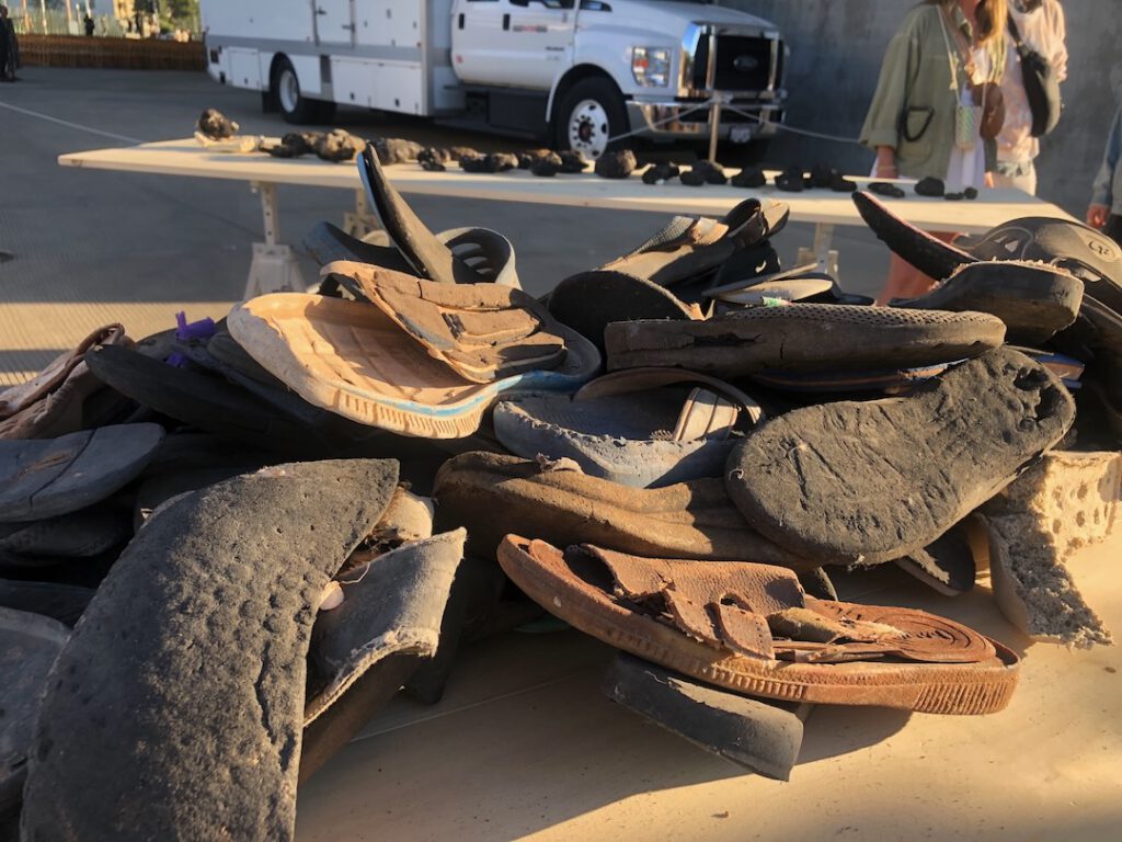 stack of discarded shoes for john gerrard's Spirits at LACMA (Photo: Liz Ohanesian)