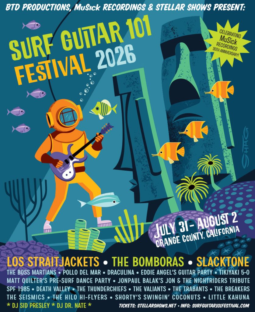 Surf Guitar 101 2026 festival poster with art by Shag